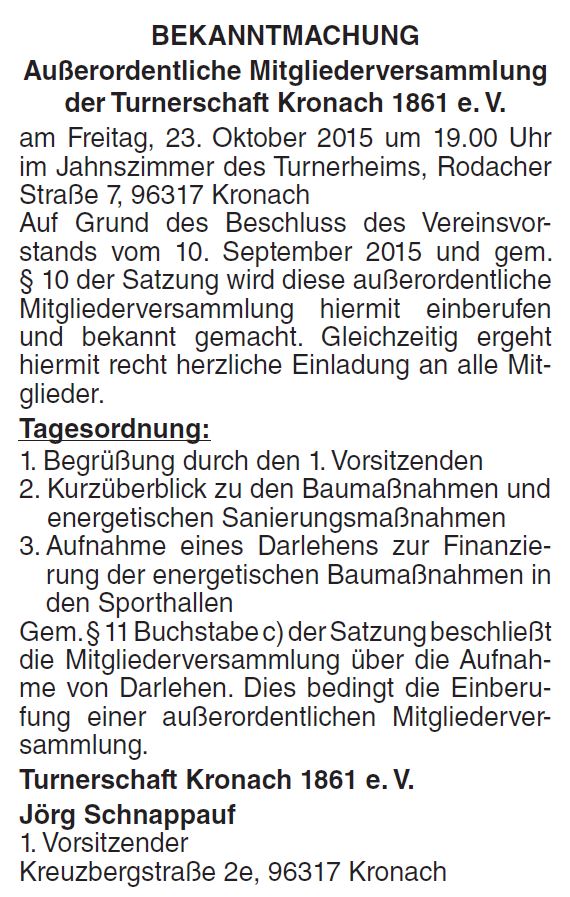 Bekanntmachung der TS Kronach
